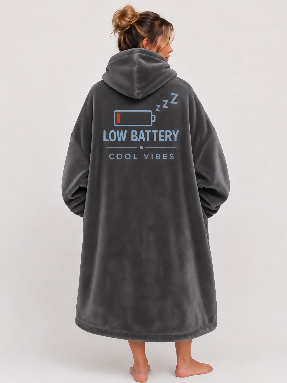 Close-up of the back of the hoodie showing the Low Battery artwork with three Z characters.