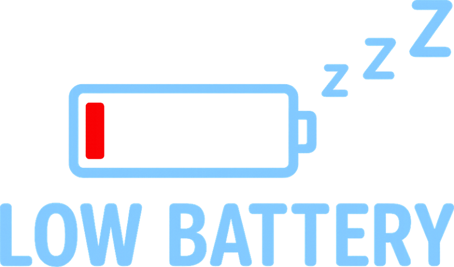 The Low Battery mark: an outlined battery with a single red bar, three Z characters rising diagonally, above the words LOW BATTERY.